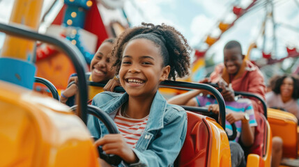 A group of children laughing and having fun while riding on a colorful carnival attraction