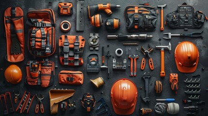 construction tools and safety gear is laid out on a dark surface