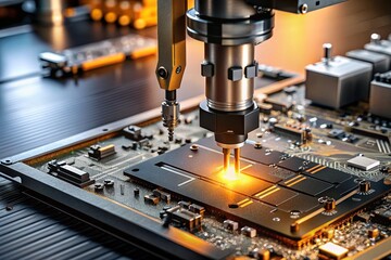Automated production of electronic devices. Modern robotic manipulators on the assembly line of chips and printed circuit boards at a modern electronics factory. Installing components on the board.