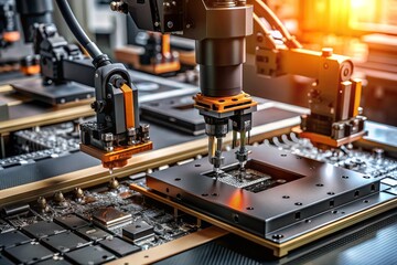 Fototapeta premium Automated production of electronic devices. Modern robotic manipulators on the assembly line of chips and printed circuit boards at a modern electronics factory. Installing components on the board.