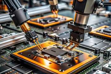 Automated production of electronic devices. Modern robotic manipulators on the assembly line of chips and printed circuit boards at a modern electronics factory. Installing components on the board.