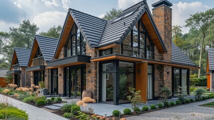 Naklejka premium Custom built luxury house with nicely trimmed and landscaped front yard, lawn in a residential neighborhood. 