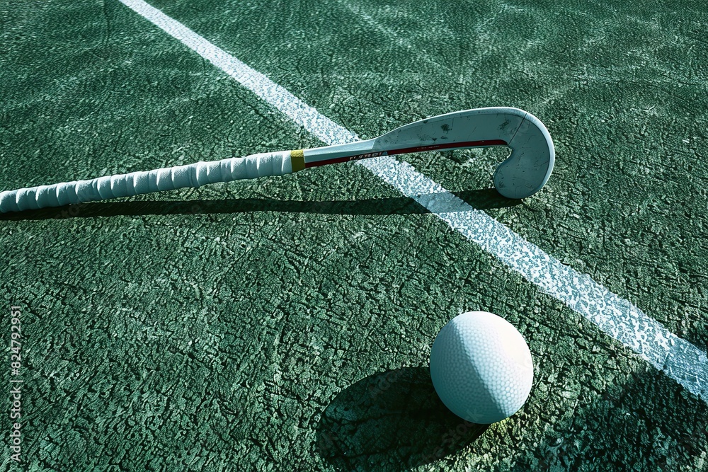 Canvas Prints Field hockey stick and balls on green grass. Horizontal sport theme poster, greeting cards, headers,