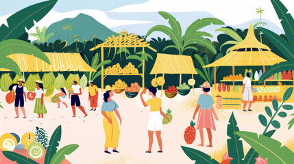 People are shopping and socializing in a busy tropical open-air market surrounded by lush greenery and mountains. Various fruits and produce are displayed in vibrant market stalls