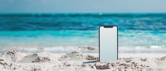 A mobile phone with a blank screen sits on white sand at a tropical beach, with the blue sea water in the background. Perfect for showcasing digital content in a serene, beachside setting - Powered by Adobe