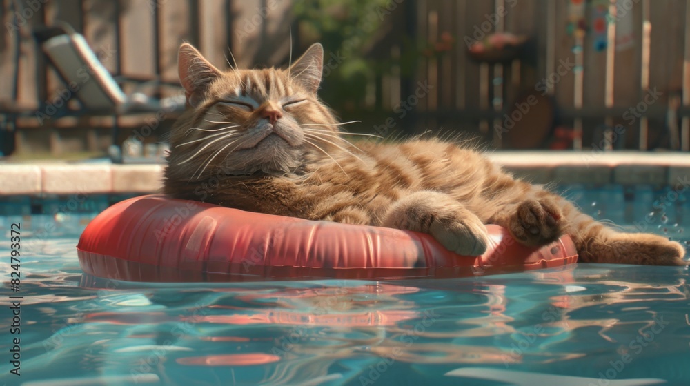 Aufkleber A chunky cat lounging on a pool float in a backyard swimming pool, looking relaxed and enjoying the cool water.