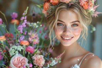 Naklejka premium A young woman wearing a crown and holding flowers