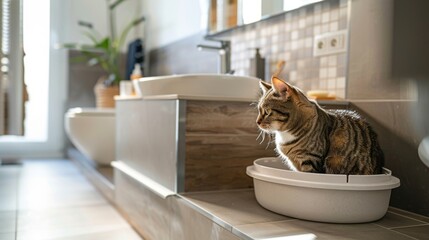 A chunky cat using a litter box in a stylish bathroom, with tiled floors and a modern sink visible in the background