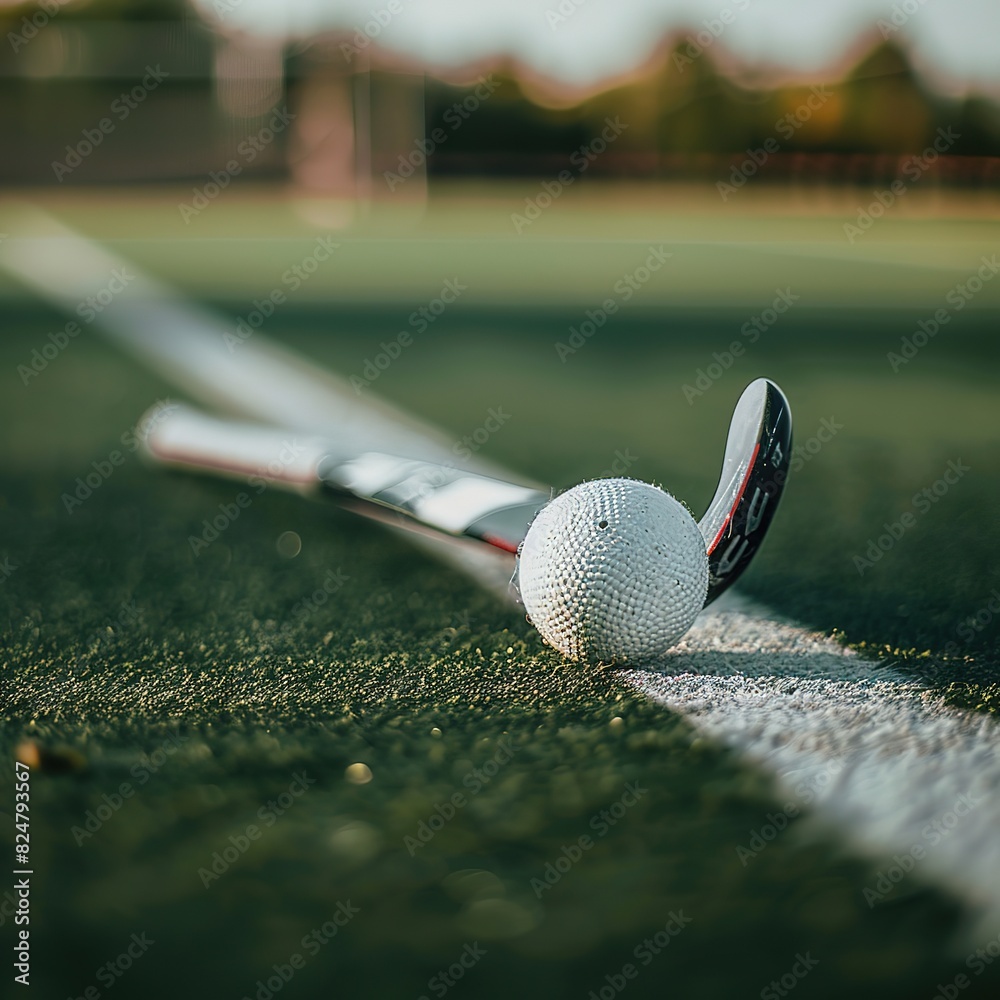 Wall mural Field hockey stick and balls on green grass. Horizontal sport theme poster, greeting cards, headers,