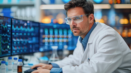 Chemical engineer analyzing samples data in an advanced research laboratory. Scientific Researcher Working on Data Analysis in an Chemical Lab