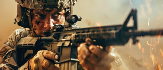 a special forces soldier with a focused gaze, aiming an assault rifle with precision and readiness, embodying strength and skill in combat