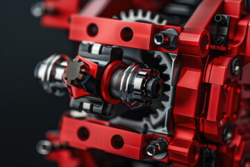Fototapeta premium A detailed view of a red and black machine, showcasing intricate components and textures