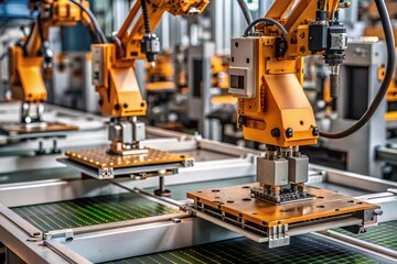 Automated production of electronic devices. Modern robotic manipulators on the assembly line of chips and printed circuit boards at a modern electronics factory. Installing components on the board.