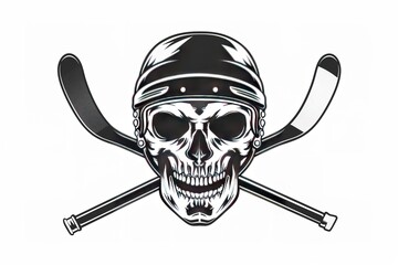 Skull in helmet and crossed hockey sticks. Black and white icon. White background. Isolated objects.