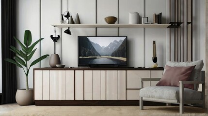 Cabinet for TV on the white wall in living room with armchair,minimal design
