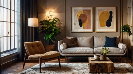 cozy and inviting atmosphere with a living room that exudes warmth and charm, complete with a soft shag rug, comfortable seating, and warm lighting