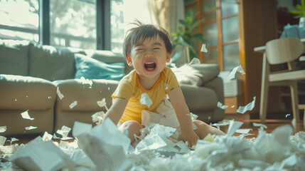Little Boy Sitting on Pile of Paper