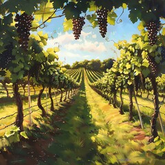 Beautiful vineyard with grapes hanging on the vine under sunlit foliage, showcasing the beauty of nature and agriculture.