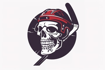 Skull in helmet and crossed hockey sticks. Black and white icon. White background. Isolated objects.