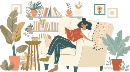 Woman read in cozy armchair. Hobby icon. Resting pers