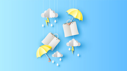 Rainy for sale. Monsoon sale Hanging. Rainy season for sale. paper cut and craft style. vector, illustration.