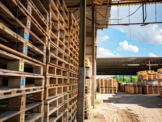 Fototapeta premium Organized Pallet Storage Solutions: From Internal Warehouses to Recycling Facilities