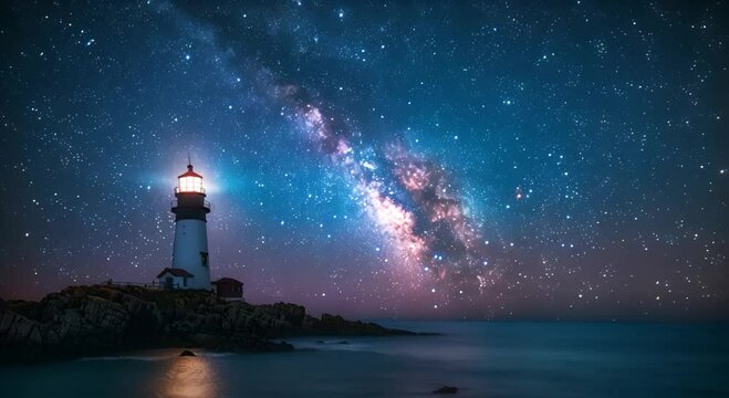 A lighthouse at night with a starry sky and a bright shining light.
