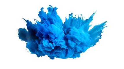 Color powder blue explosion splash of paint dust with particles cloud isolated on transparent png...