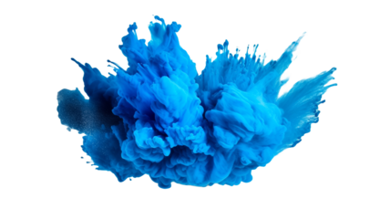 Color powder blue explosion splash of paint dust with particles cloud isolated on transparent png background.