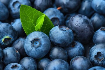 Fototapeta premium Close-up of juicy blueberries with a single bright green leaf, emphasizing freshness
