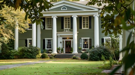 Craft man house exterior in olive green paint and white columns