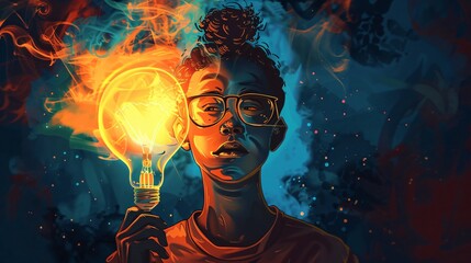 A woman with pink hair and glasses is looking at a light bulb