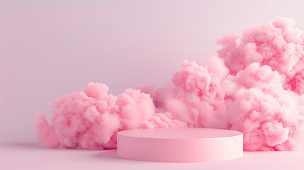 A product display stand with a background of pink and clouds. Ai generate.