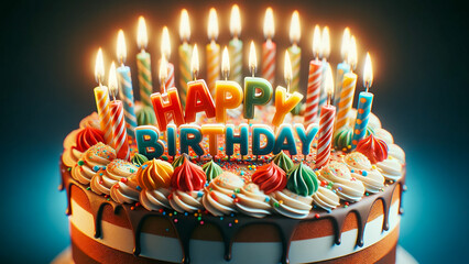 birthday cake topped with candles that spell out Happy Birthday.