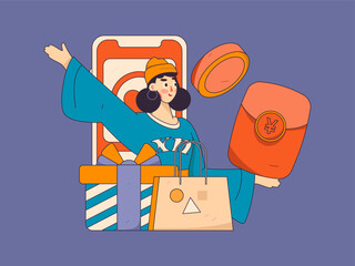 Holiday shopping people doing e-commerce online shopping flat vector concept operation hand drawn illustration
