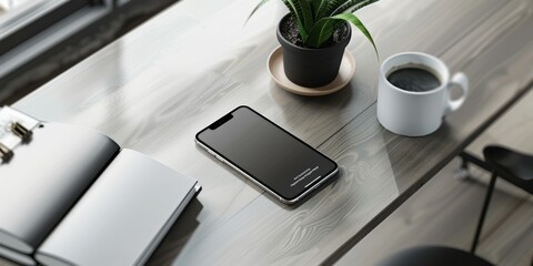 front view of modern office desk, smartphone mockup and book on it, soft natural lighting