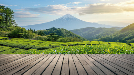 The display stands have wooden tables and a tea plantation with Mount Fuji in the background. AI...