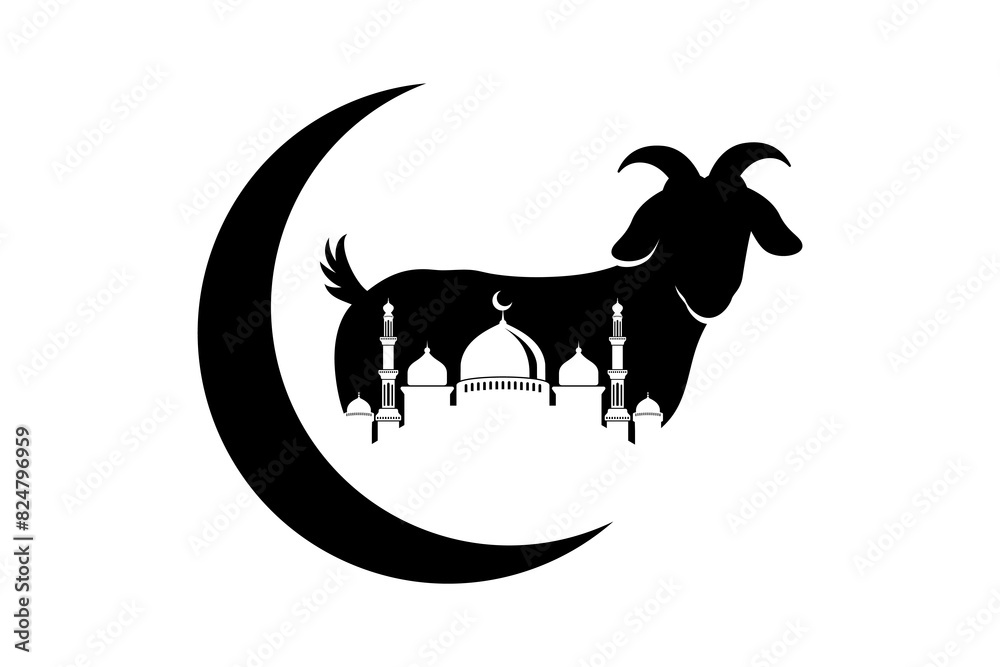 Wall mural eid al-adha mubarak background template with goat, mosque, and crescent illustration