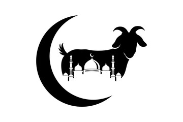 Eid al-Adha Mubarak background template with goat, mosque, and crescent Illustration