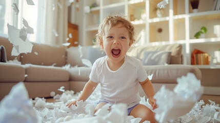 Little Boy Sitting in Messy Room