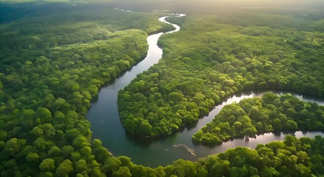 A river winding through a lush green rainforest.