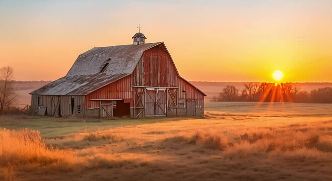 A red barn in a field at sunrise.
