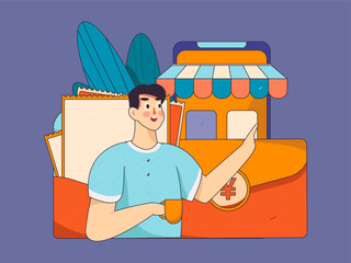 Holiday shopping people doing e-commerce online shopping flat vector concept operation hand drawn illustration
