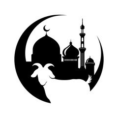 Eid al-Adha celebration illustration with mosque and goat animals silhouette.
