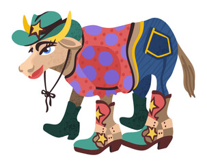 Retro cowgirl. Cute happy cow in cowgirl outfit. Vector isolated illustration