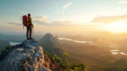 Solo hiker standing triumphantly on a mountain summit, panoramic view of the landscape below, early morning light, sense of achievement and exploration, copy space.,