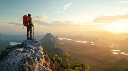 Solo hiker standing triumphantly on a mountain summit, panoramic view of the landscape below, early morning light, sense of achievement and exploration, copy space.,