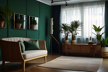 Modern Living Room Interior: Beautiful Green Plants and Trendy Furniture. Elegant Living Room Design: Variety of Green Plants and Chic Furniture