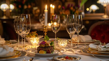 Elegant gourmet dining table set with fine china and crystal glasses, beautifully plated dishes of haute cuisine, candlelight ambiance, luxurious and delicious atmosphere, copy space.,