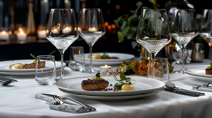 Fototapeta premium Elegant gourmet dining table set with fine china and crystal glasses, beautifully plated dishes of haute cuisine, candlelight ambiance, luxurious and delicious atmosphere, copy space.,